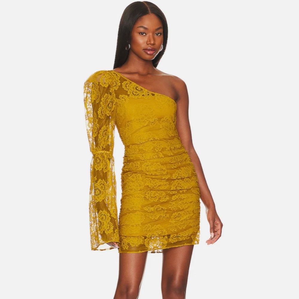 For Love & Lemons Tiana Lace One-Shoulder Bell Sleeve Mini Dress in Yellow